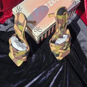 Pazzle Camo Braided Mule Heels Womens Size 6 Square Toe Slip On Sandals